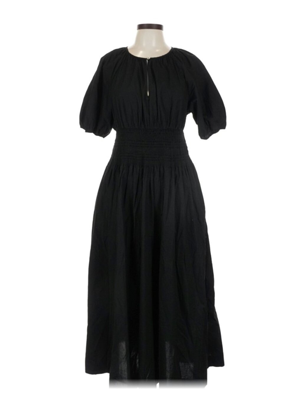 J. Crew 100% Cotton Black Midi Dress Cinched Waist Puffed Sleeve L